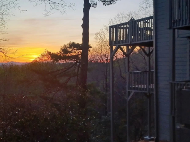 Three levels capture the amazing sunsets at Appalachian Sky Mountain Cottage Rental in Big Canoe, Georgia